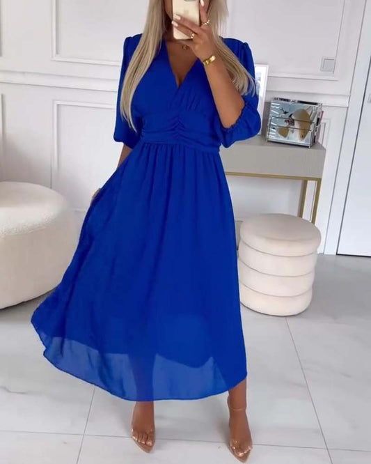 V-NECK SOLID COLOR WAIST DRESS