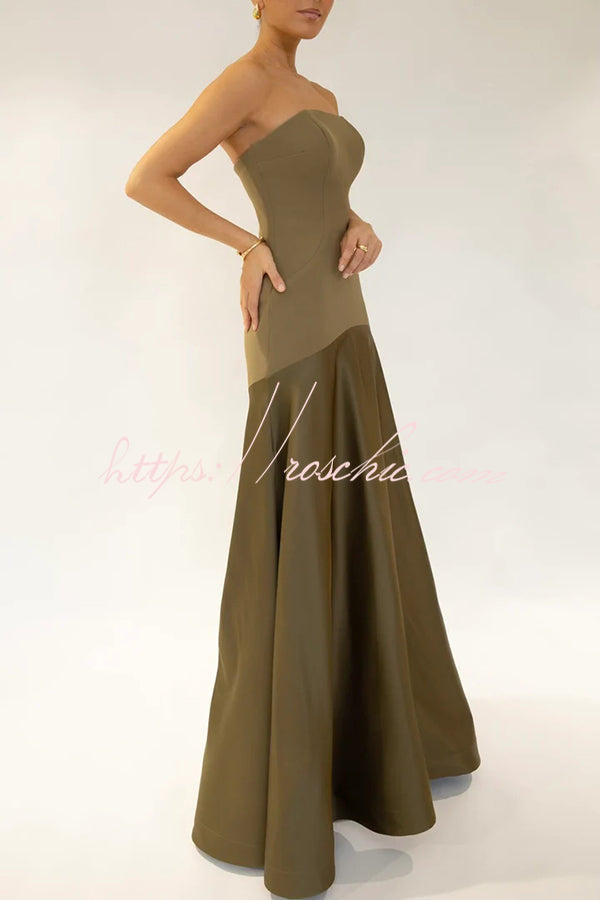 Timeless Elegance Satin Patchwork Strapless Flare Gown Maxi Dress