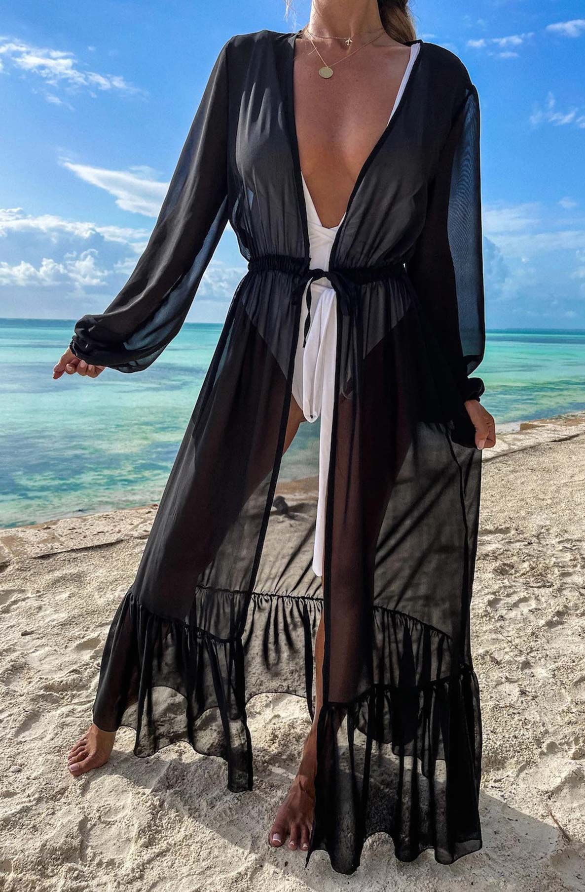 Ahalia Beach Cover Up Maxi Wrap Dress-Black