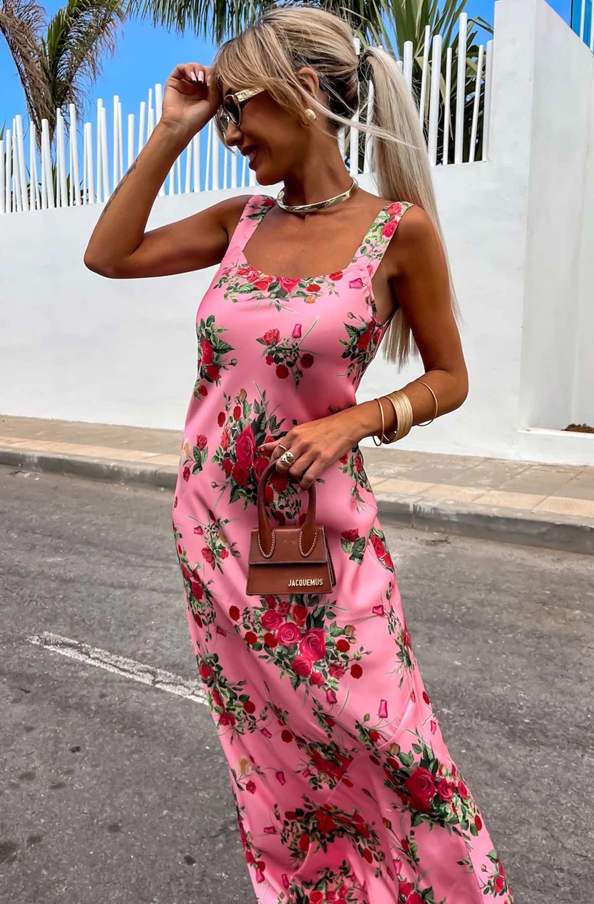 Alania Satin Floral Maxi Dress-Pink