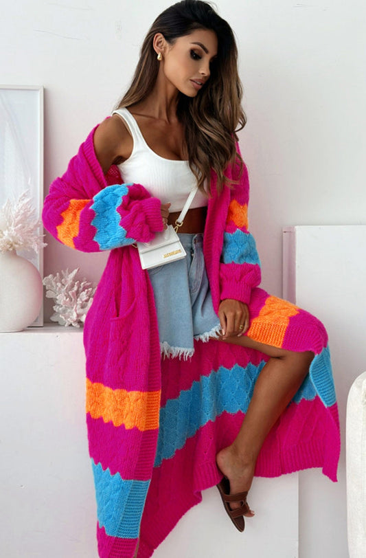 Alexis Longline Contrast Knitted Cardigan-Dark Pink