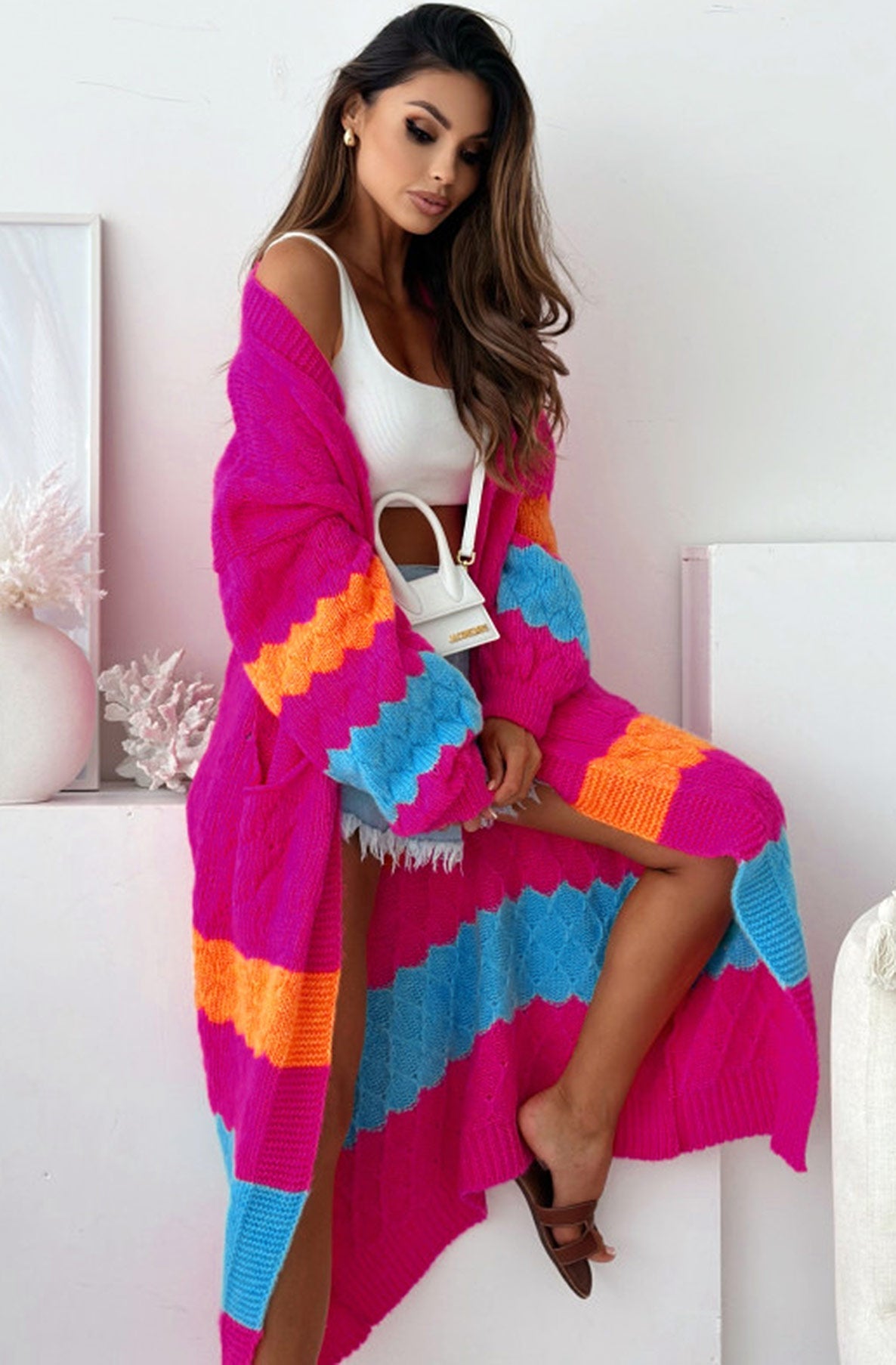 Alexis Longline Contrast Knitted Cardigan-Dark Pink