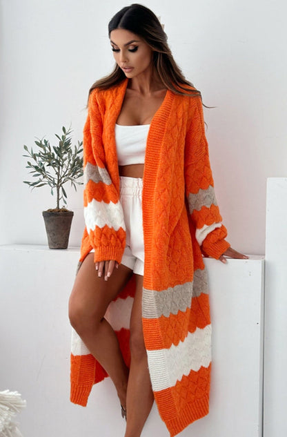 Alexis Longline Contrast Knitted Cardigan-Orange