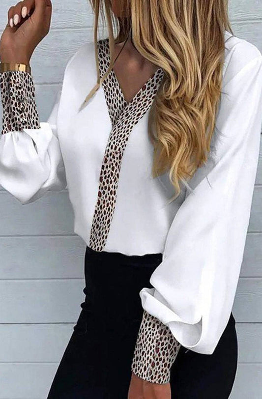 Ciara Contrast Leopard Print Blouse Shirt Top-Ivory