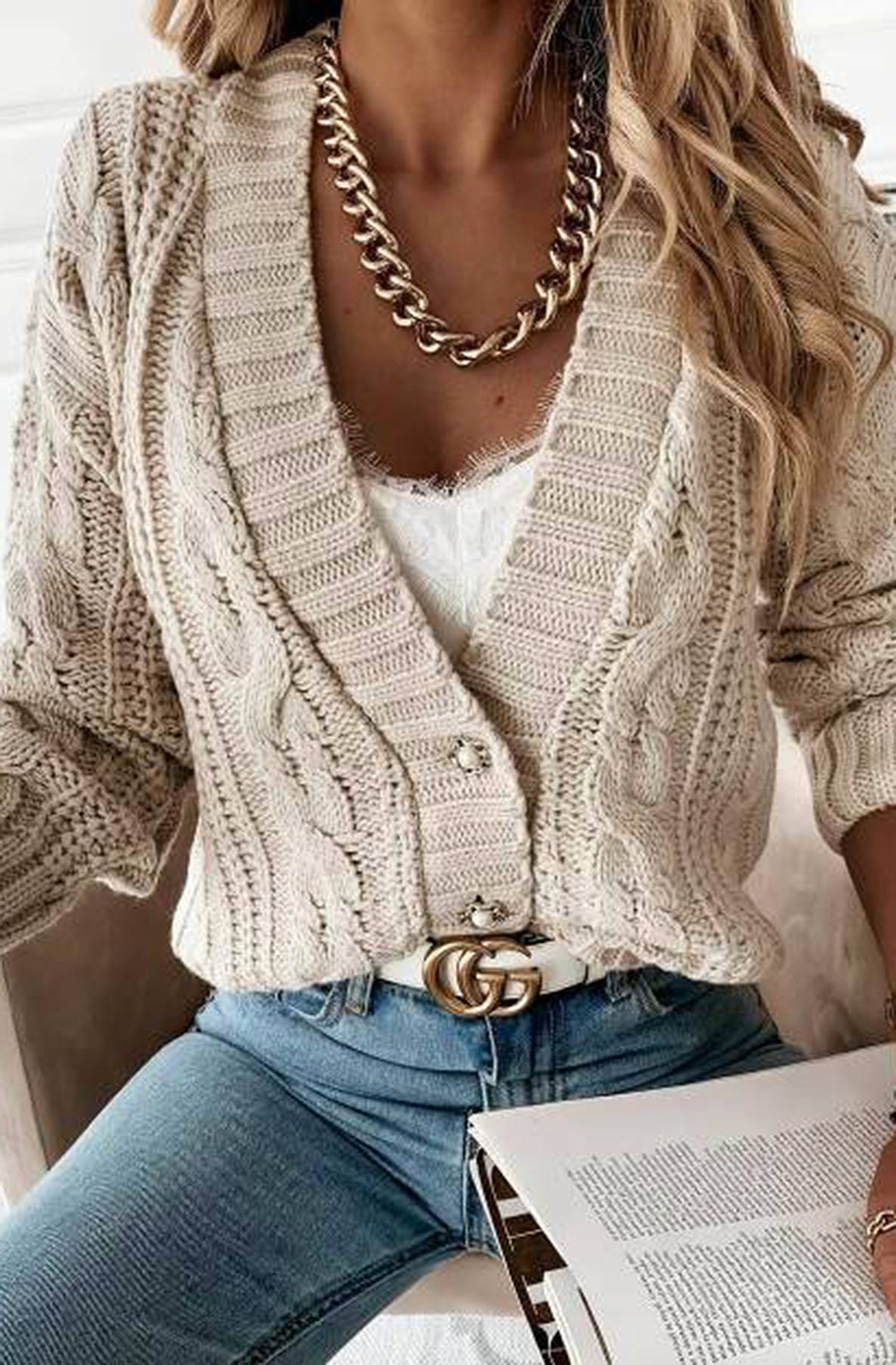 Jasmine Pearl Button Detail Knitted Cardigan-Stone