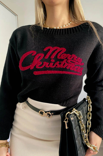 'Merry Christmas' Printed knitted Jumper Sweater Top-Black