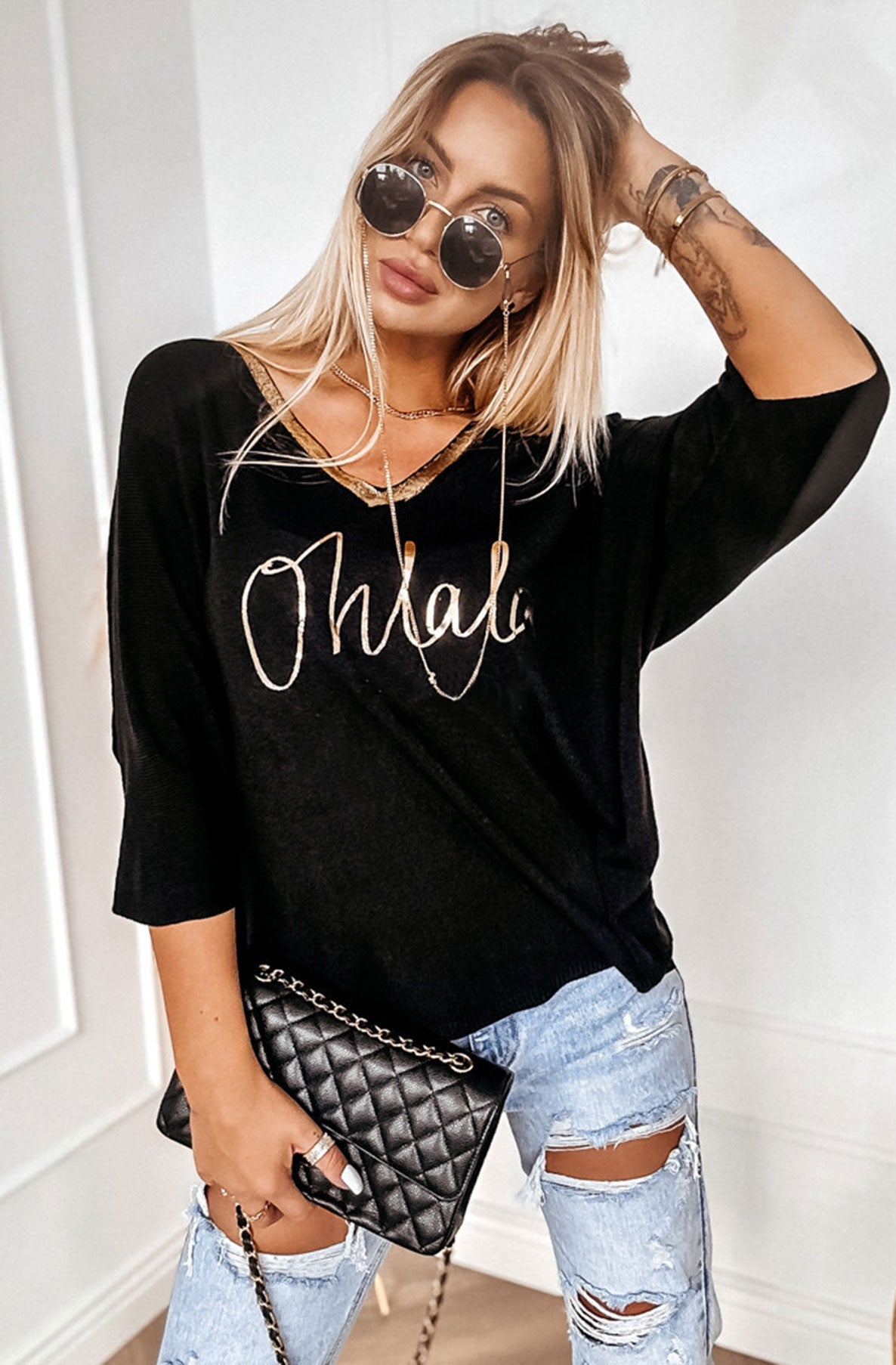 'Oh La La' Metallic Printed Light Knitted Top-Black