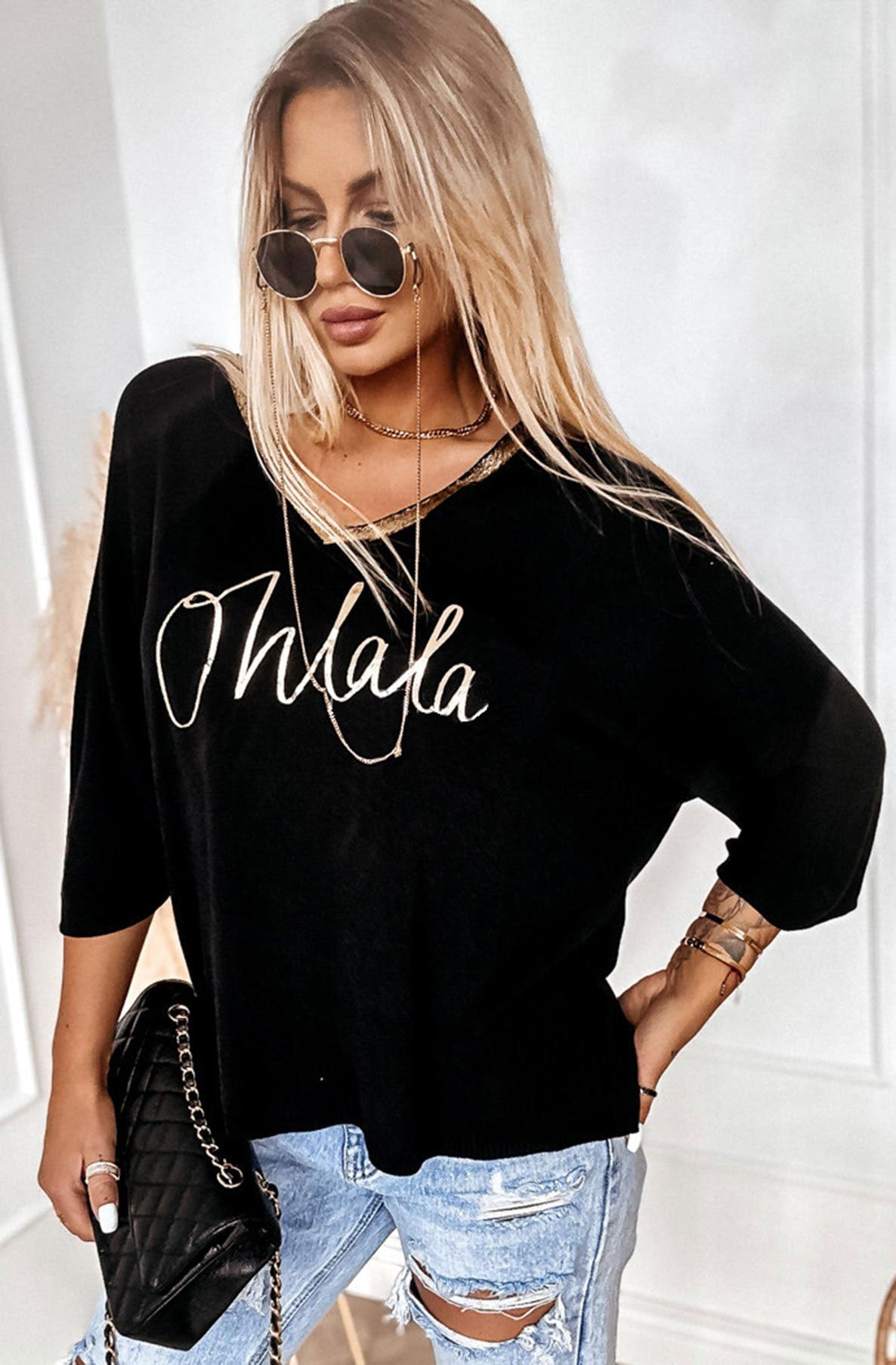 'Oh La La' Metallic Printed Light Knitted Top-Black