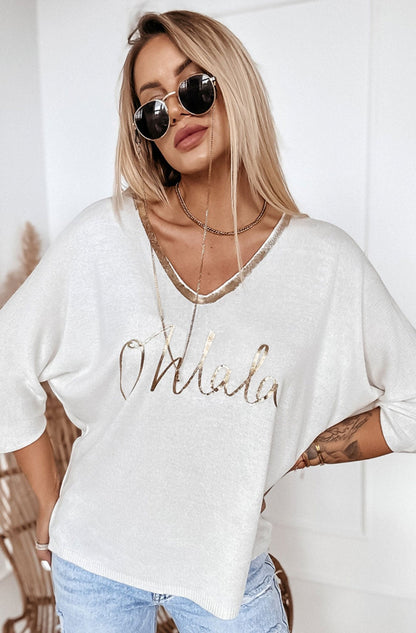 'Oh La La' Metallic Printed Light Knitted Top-Ivory