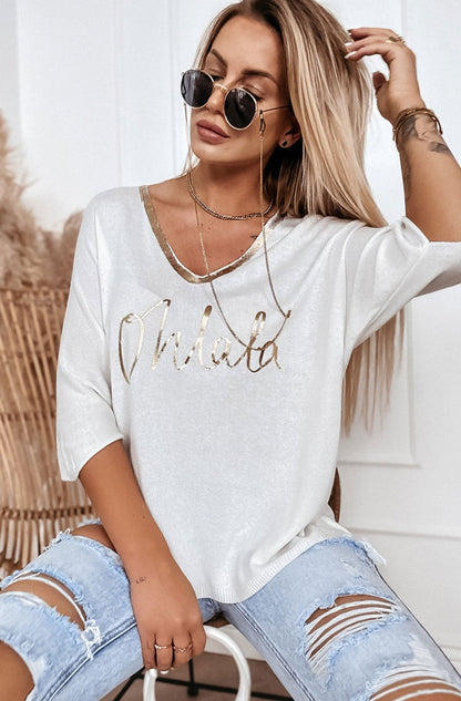 'Oh La La' Metallic Printed Light Knitted Top-Ivory