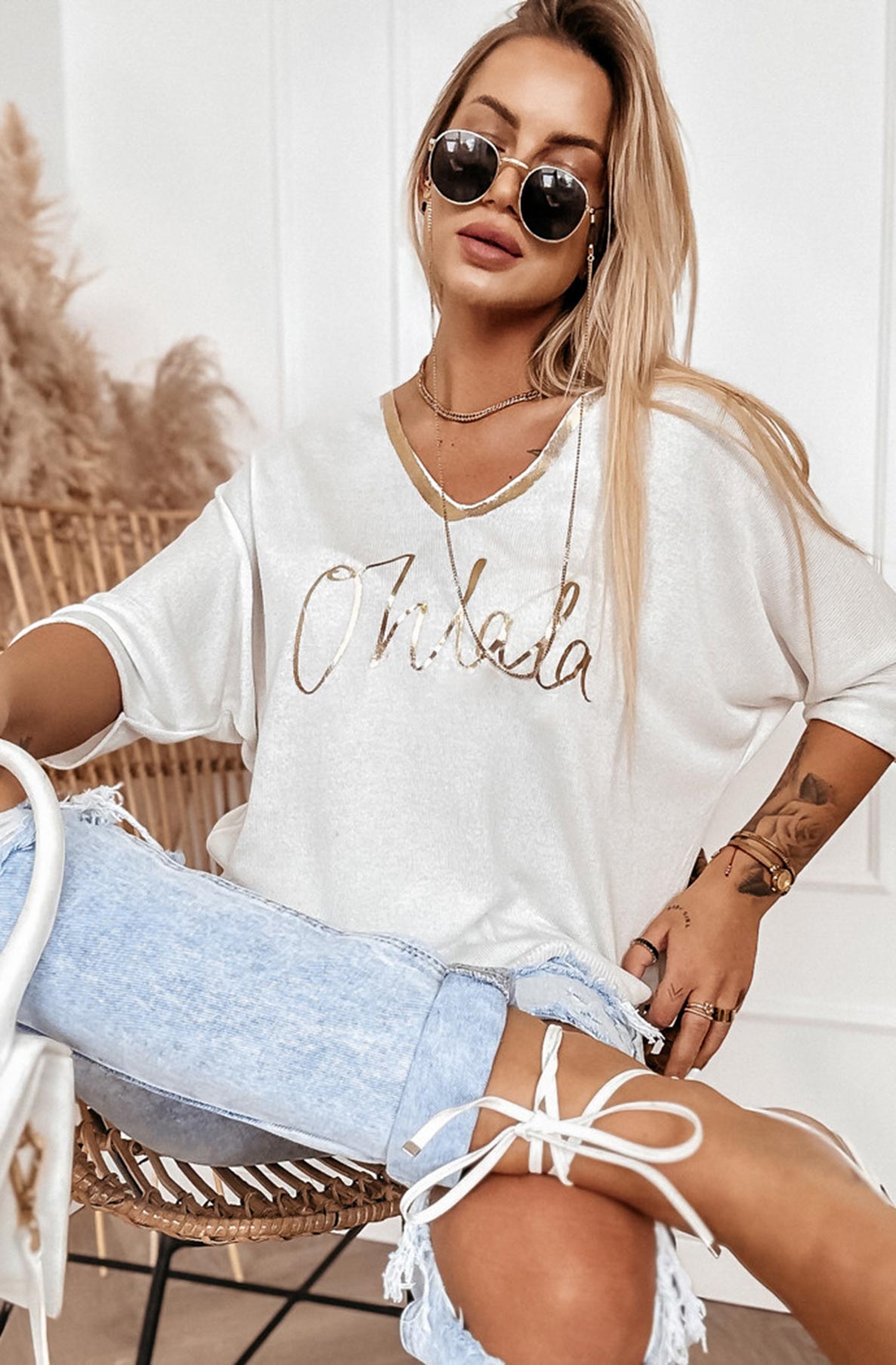 'Oh La La' Metallic Printed Light Knitted Top-Ivory