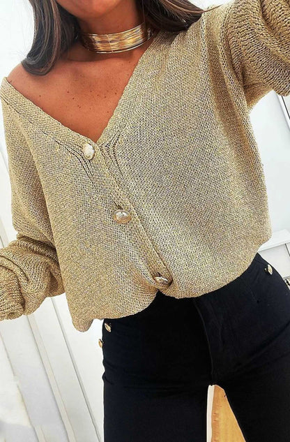 Tyra Button Detail Shimmer Cardigan-Gold