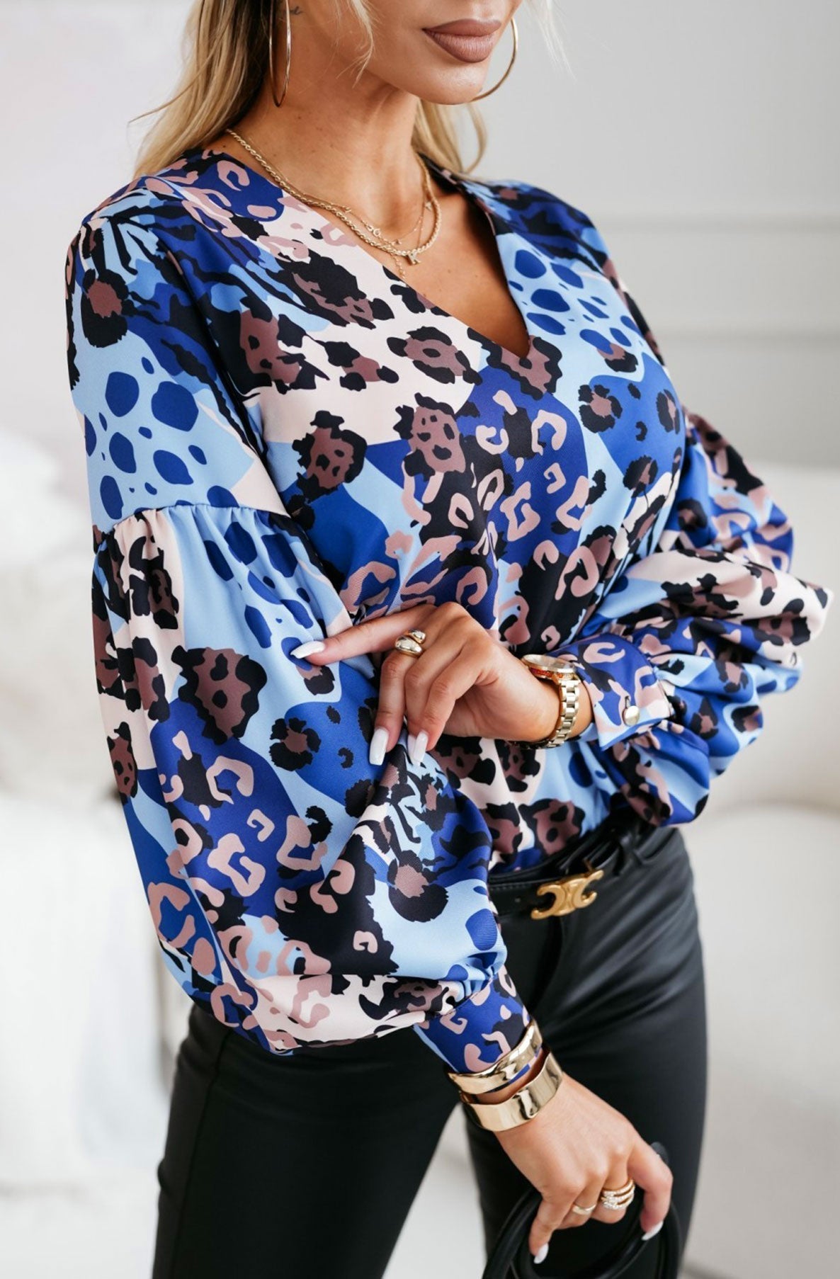 Verena Animal Print Shirt Blouse Top-Blue