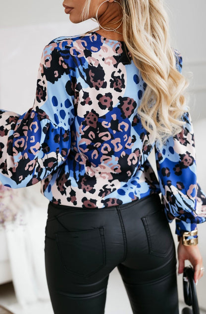 Verena Animal Print Shirt Blouse Top-Blue