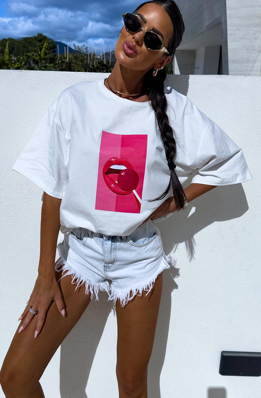 Viva Oversized Graphic Printed T. Shirt Top-Ivory