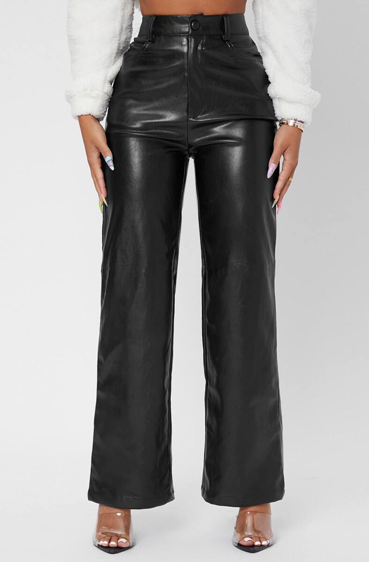 Xenia PU Leatherette Wide Leg Trousers-Black