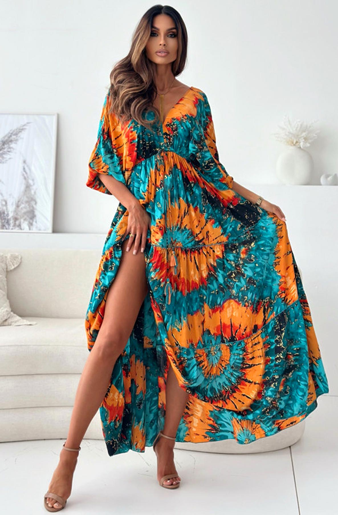 Zendaya Patterned Batwing Maxi Dress-Orange