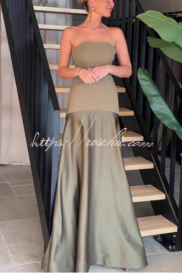 Timeless Elegance Satin Patchwork Strapless Flare Gown Maxi Dress